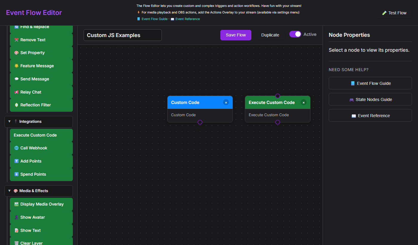 Canvas showing a Custom Code trigger and Execute Custom Code action side by side