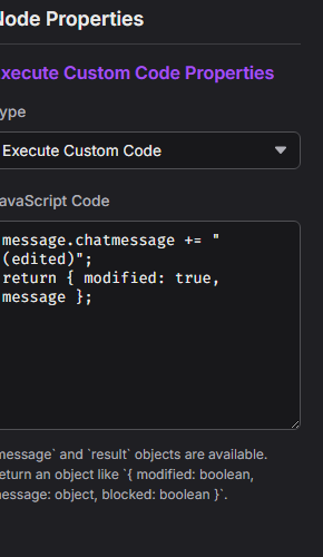 Execute Custom Code action properties panel showing the code editor