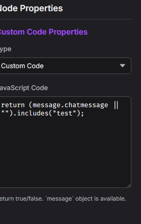 Custom Code trigger properties panel showing the JavaScript code editor