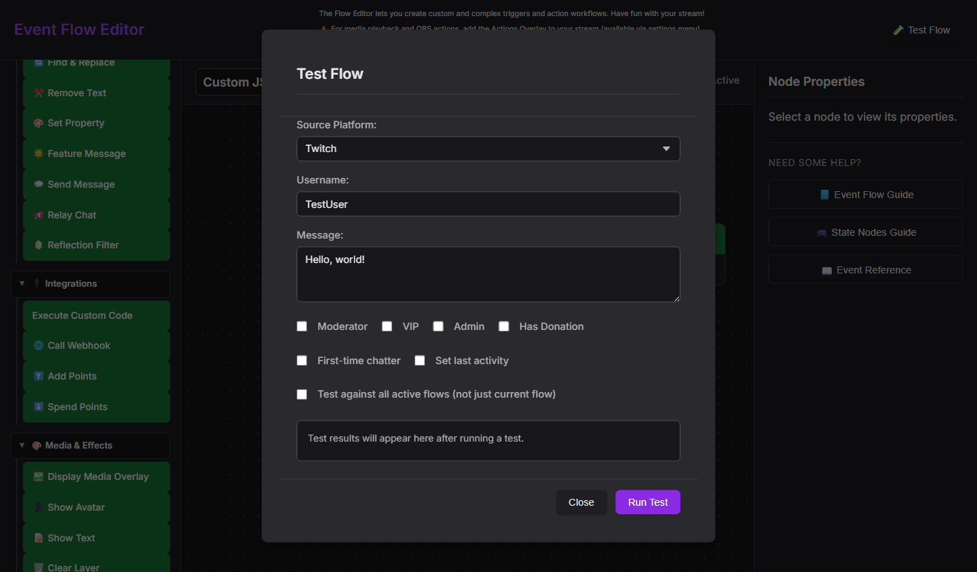 The Test Flow panel for sending synthetic test events