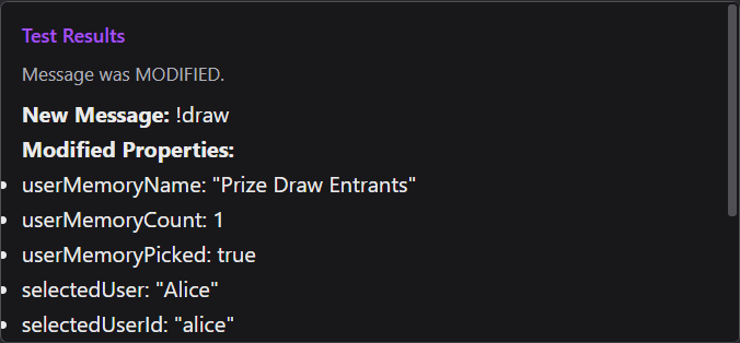Test Flow result showing a selected prize draw user and one remaining entrant