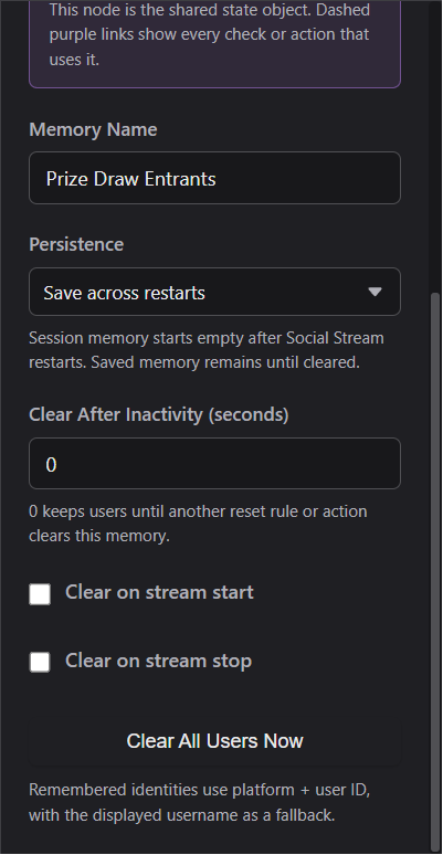 User Memory reset properties including inactivity, stream start, stream stop, and Clear All Users Now