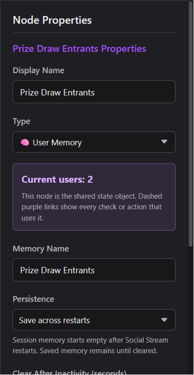 User Memory node properties showing two current users and Save across restarts