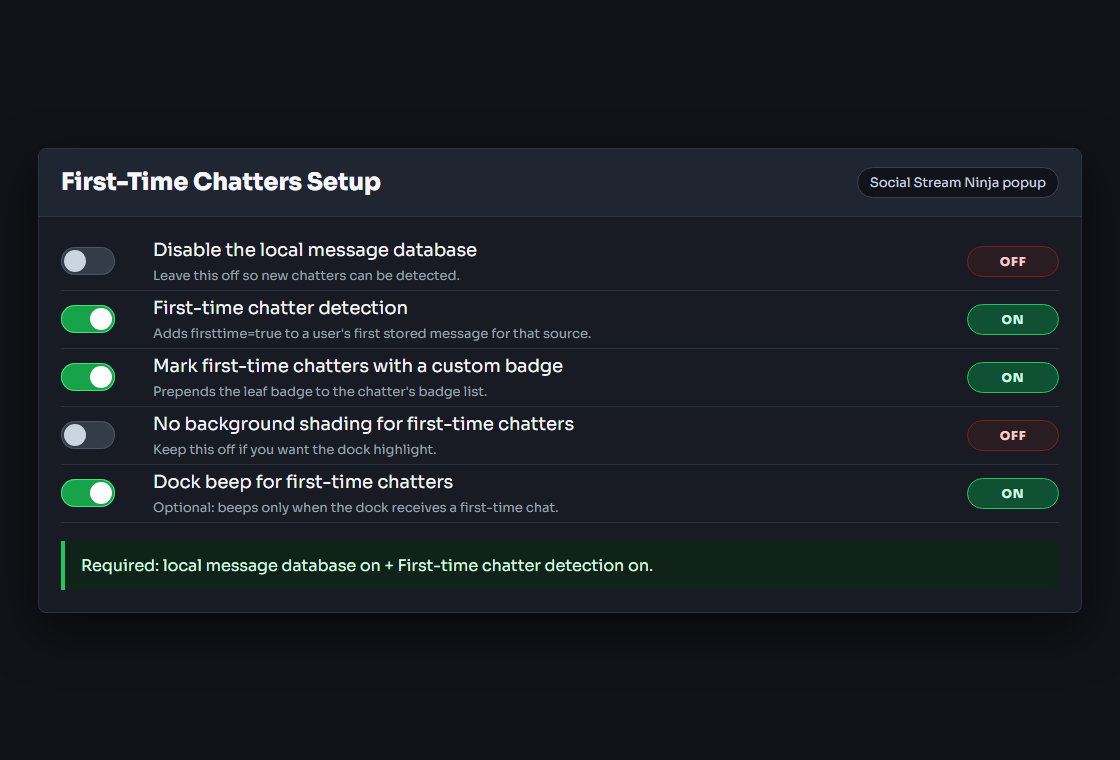 Popup settings showing local database, first-time chatter detection, badge, and beep options
