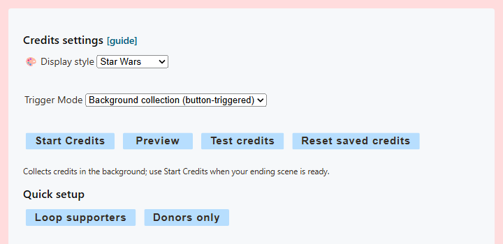 Credits settings with Background collection selected and Start Credits, Preview, Test credits, Reset saved credits, and quick setup controls visible