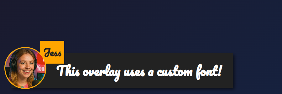 featured.html overlay message rendered in the Pacifico font with an avatar and name tag