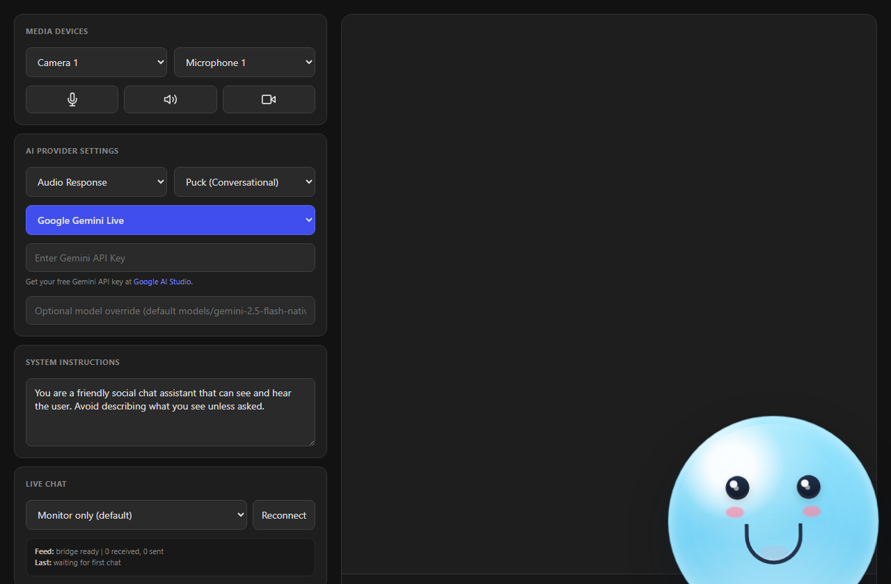 AI cohost controls showing media devices, AI provider settings, system instructions, and live chat mode