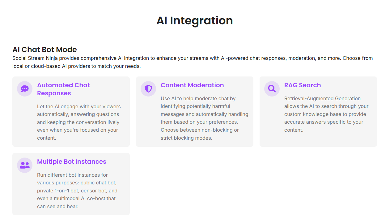 AI Integration section showing automated chat responses, content moderation, RAG search, and multiple bot instances