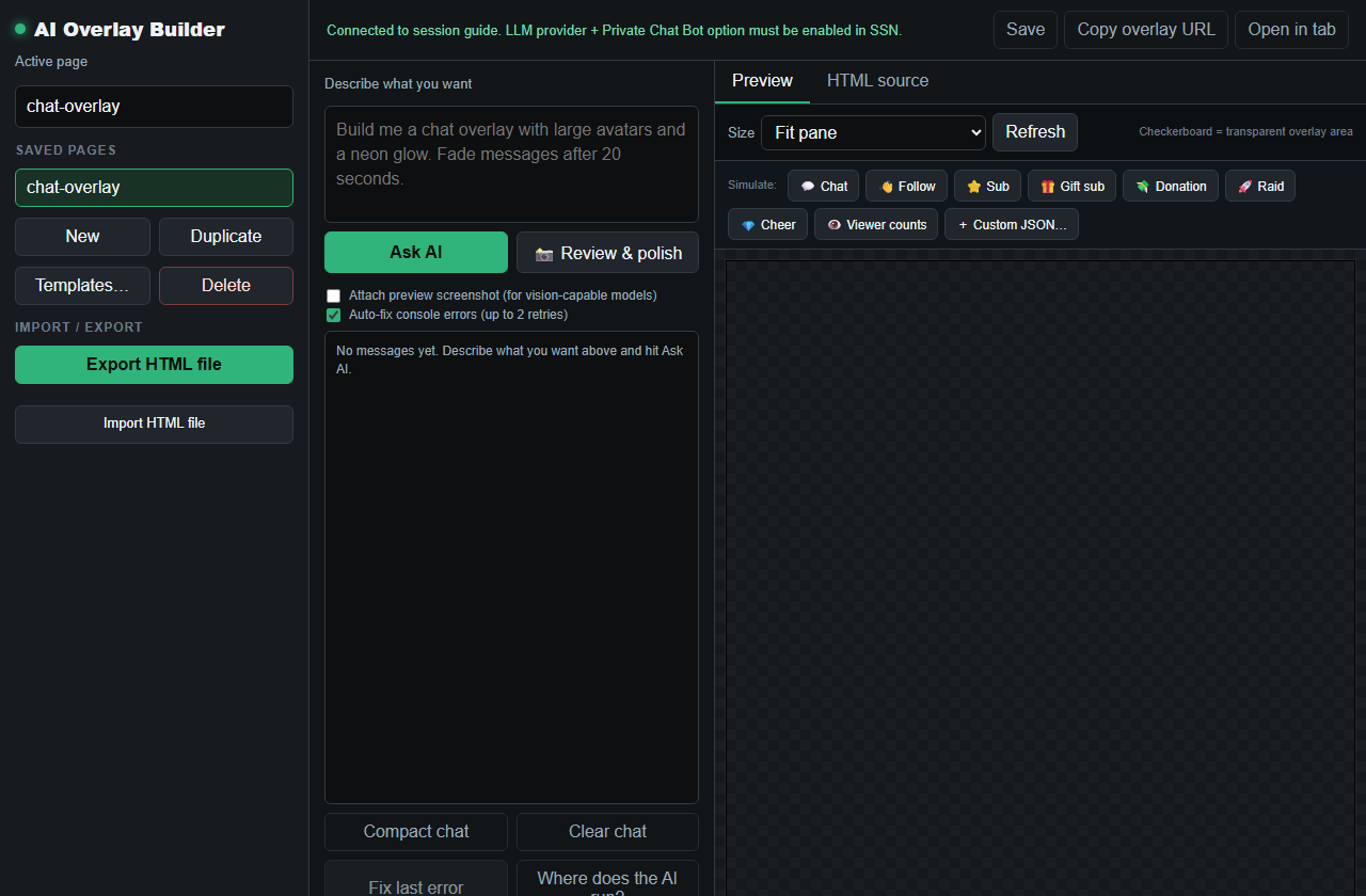 AI Overlay Builder showing prompt field, save controls, preview tab, and simulation buttons