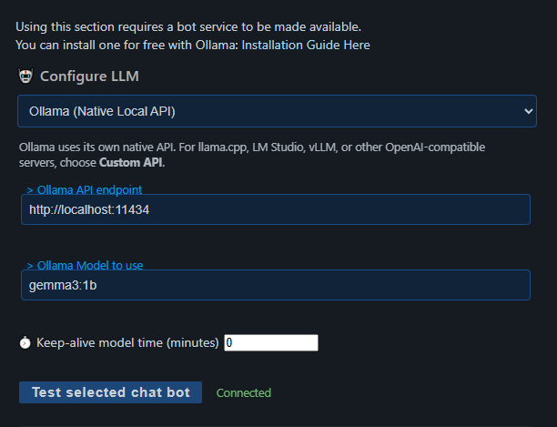 Configure LLM section with Ollama selected, local endpoint and model fields filled in, and the provider test showing Connected