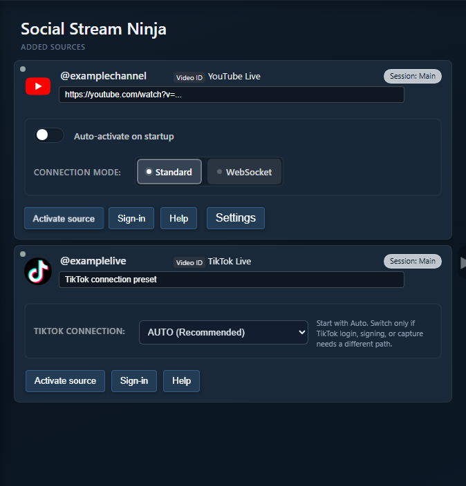 Social Stream Ninja desktop app source entries showing connection modes