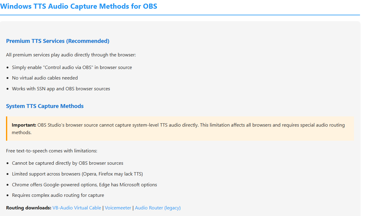 OBS audio capture note explaining that system TTS cannot be captured directly by OBS browser sources