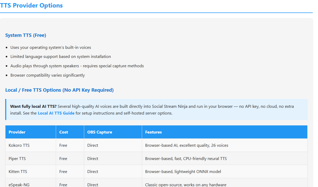 TTS provider options table showing system TTS, local free providers, and OBS capture notes