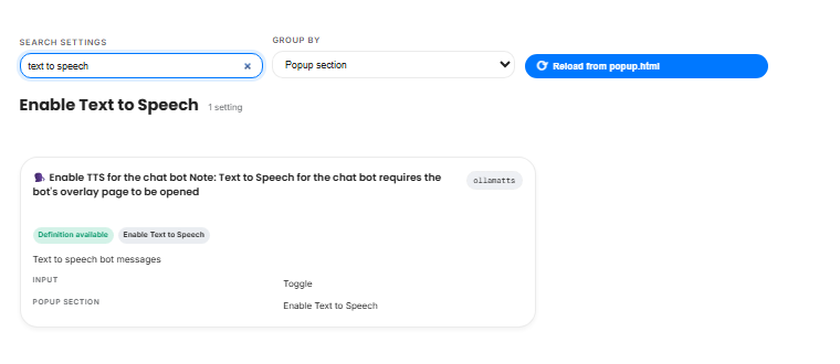 Settings reference filtered to the Enable Text to Speech setting