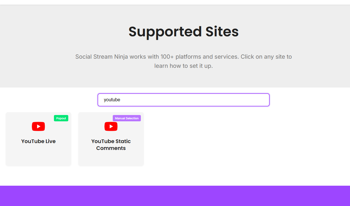 Supported Sites page filtered to YouTube Live and YouTube Static Comments