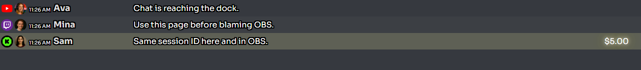 Social Stream Ninja dock showing three received chat messages