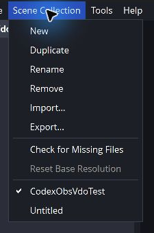 OBS Scene Collection menu with Export selected as the next step