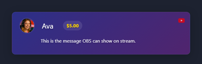 Featured message overlay preview with a sample chat message and donation badge