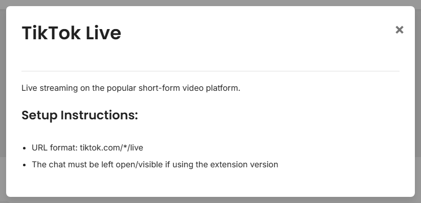 Supported Sites setup popup for TikTok Live showing the URL format and visible chat note