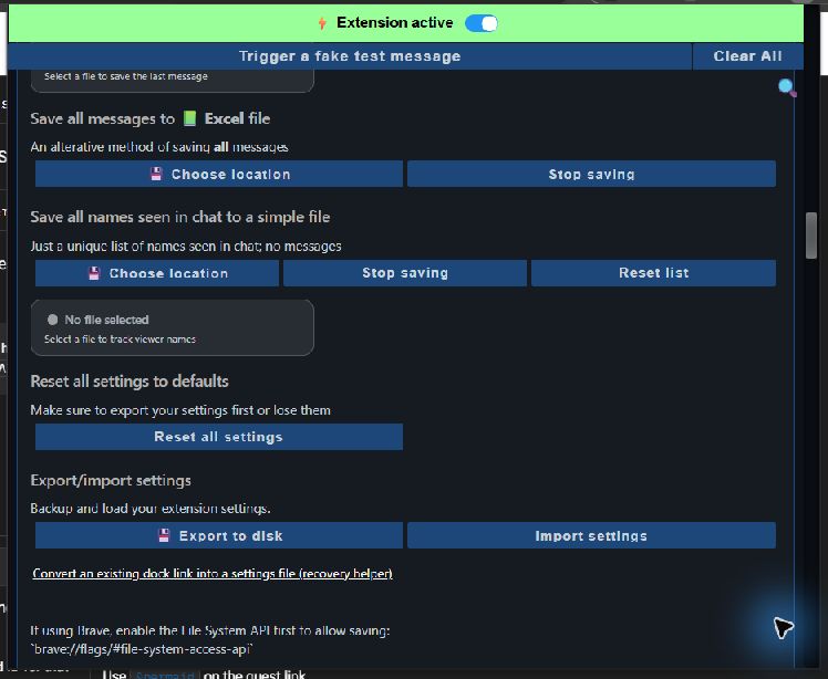 Expanded Social Stream Ninja Export import settings with Export to disk highlighted
