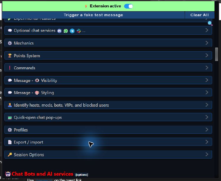 Social Stream Ninja Global settings showing the Export and import menu