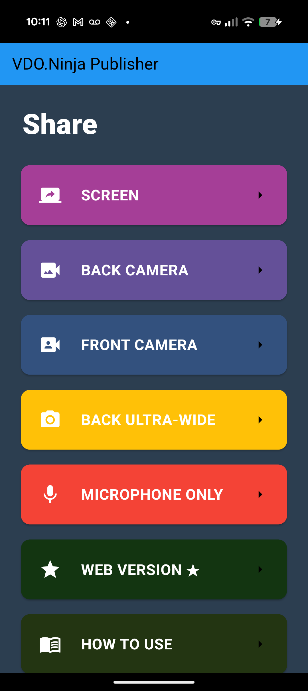 VDO.Ninja native app start screen with Screen, Back Camera, Front Camera, Back Ultra-wide, and Microphone Only options