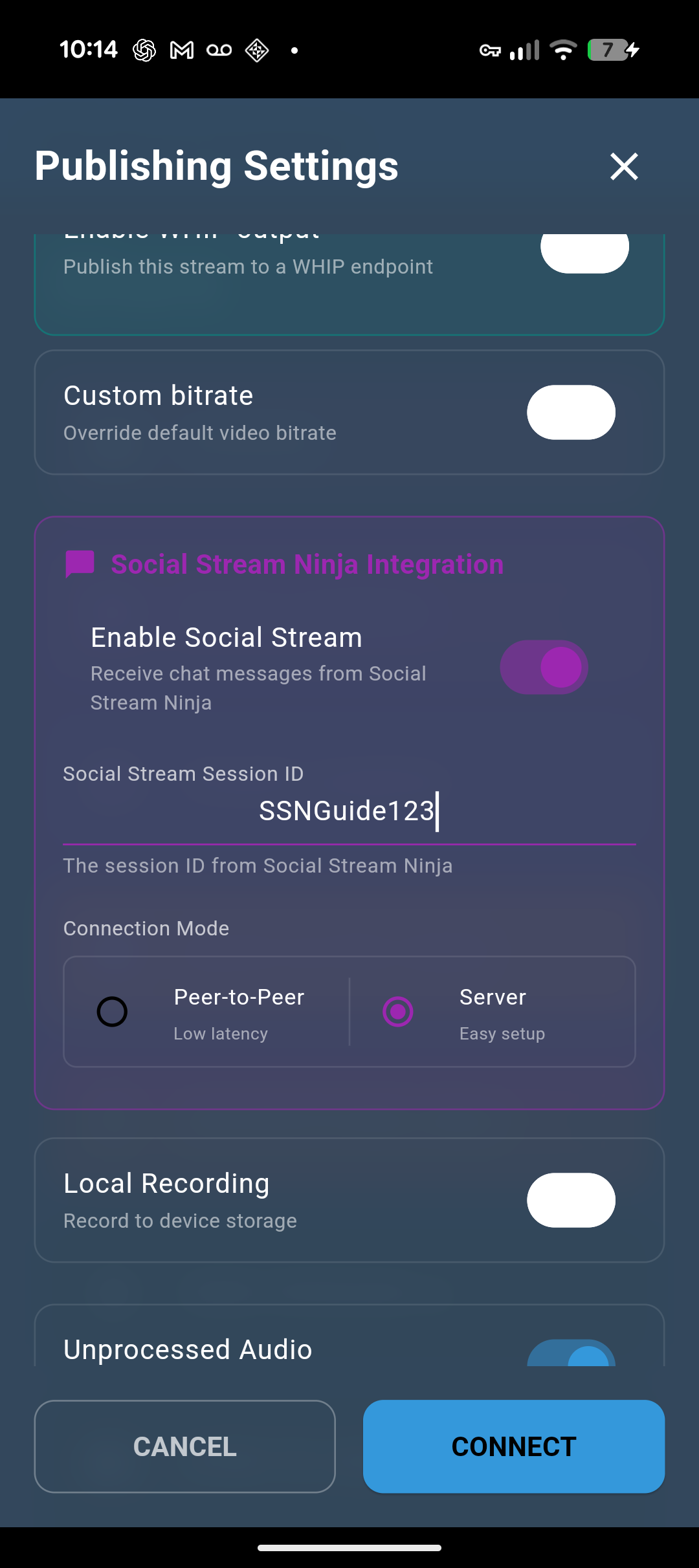 VDO.Ninja native app Social Stream Ninja Integration with Server mode selected