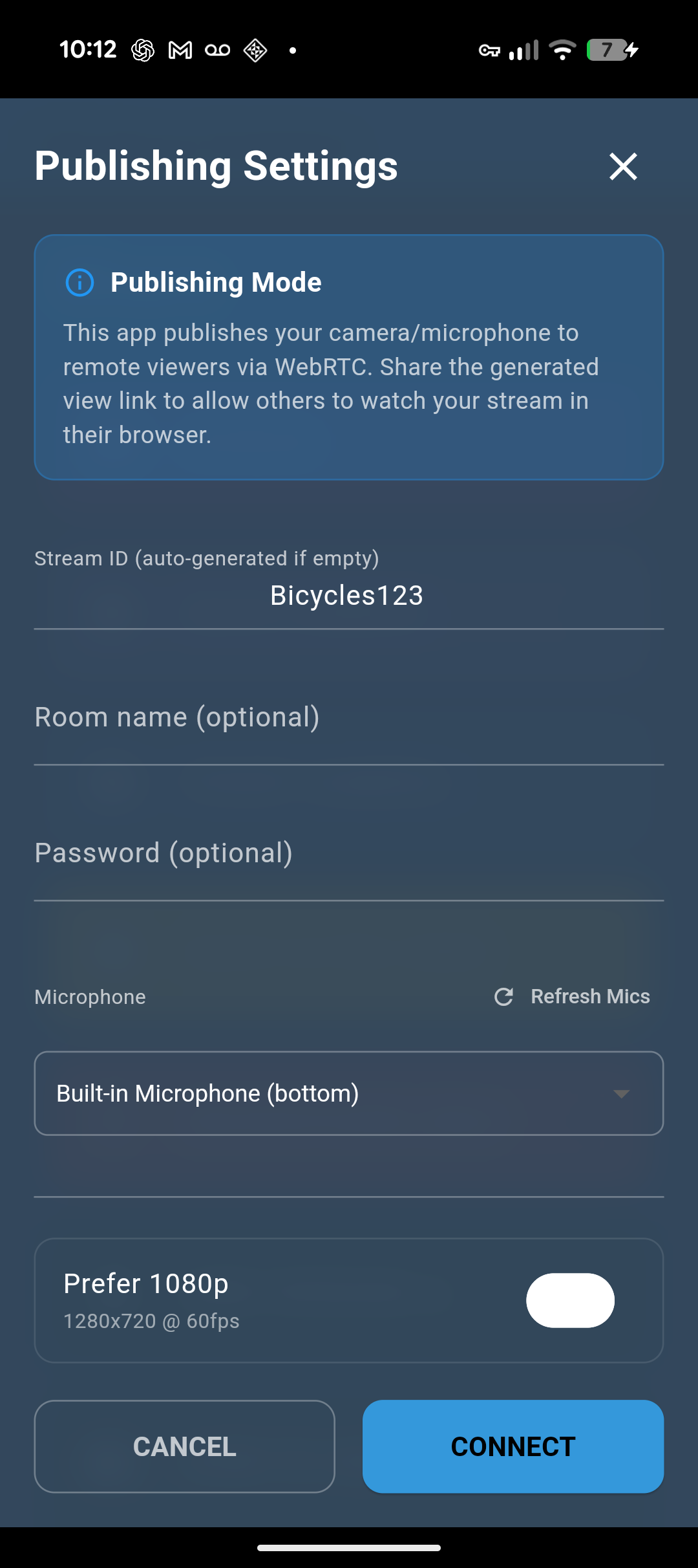 VDO.Ninja native app Publishing Settings screen before scrolling to Social Stream Ninja Integration