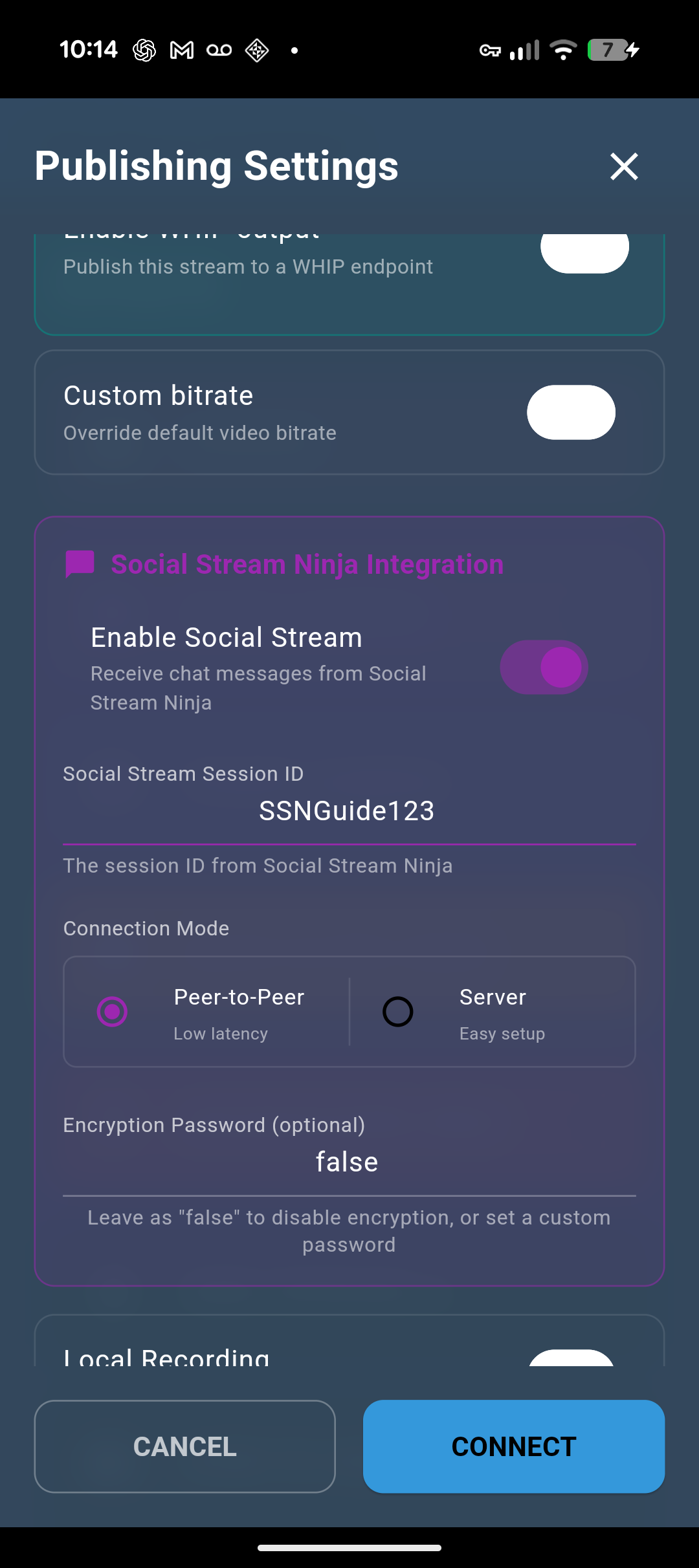 VDO.Ninja native app Social Stream Ninja Integration enabled with session ID SSNGuide123 and Peer-to-Peer mode selected