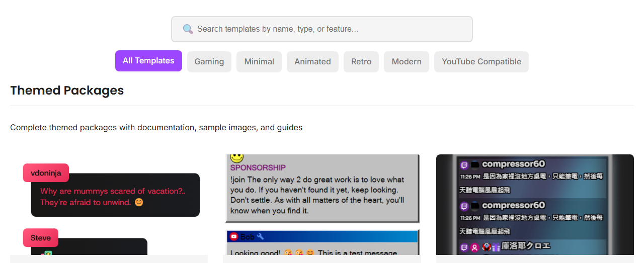 Template Gallery showing search, filters, and template cards