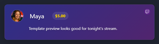 Sample overlay preview with a chat message, name, platform icon, and donation badge