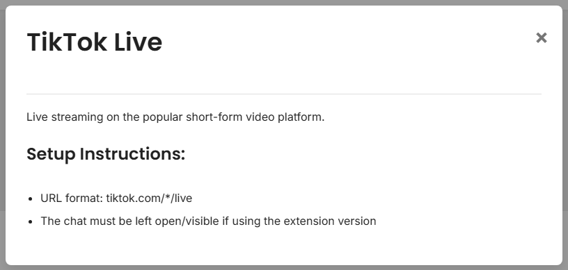 TikTok Live setup popup showing the live URL format and visible chat requirement