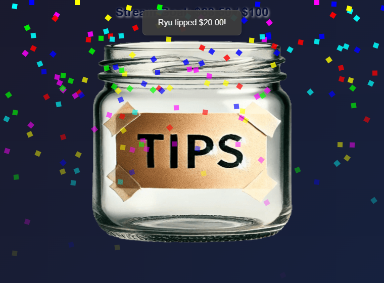 Tip jar overlay celebrating a $20 tip with confetti and a toast showing Ryu tipped $20.00