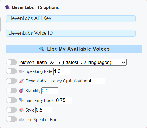 Actual SSN ElevenLabs provider settings
