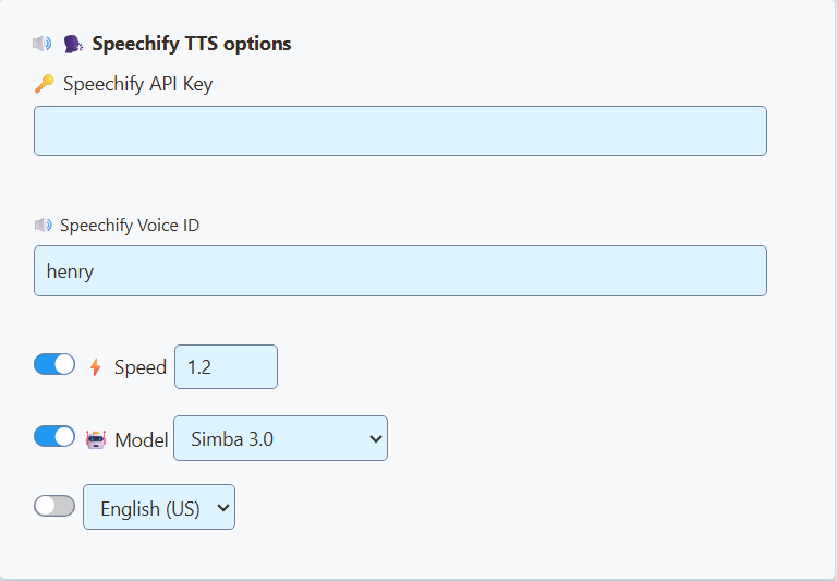 Actual SSN Speechify provider settings