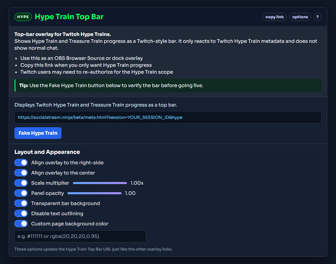Social Stream Ninja popup showing Hype Train Top Bar link and layout options