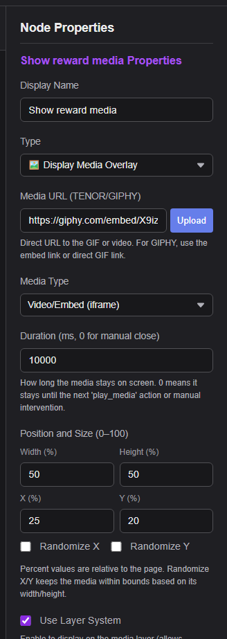 Event Flow media action fields for reward-triggered sound or media