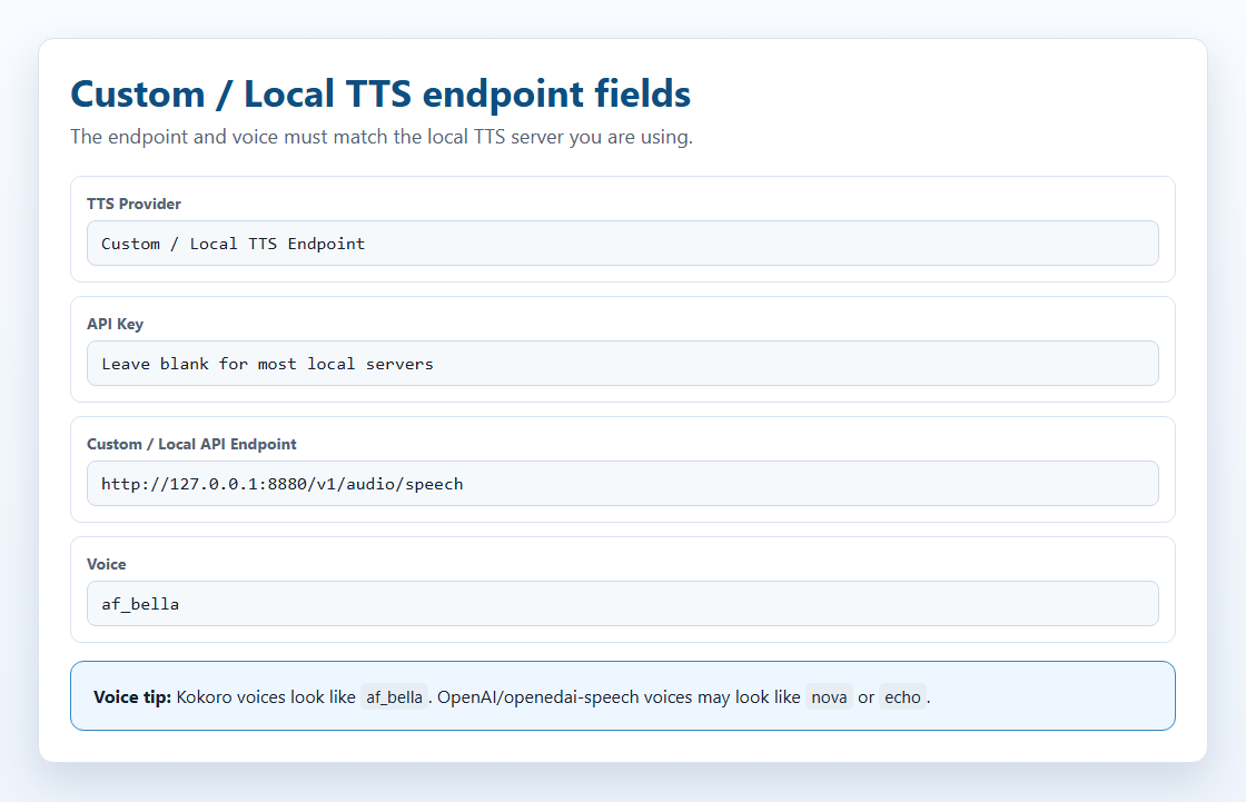 Screenshot-style map of the local TTS fields in Social Stream Ninja