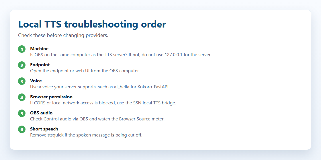 Screenshot-style checklist for local TTS troubleshooting