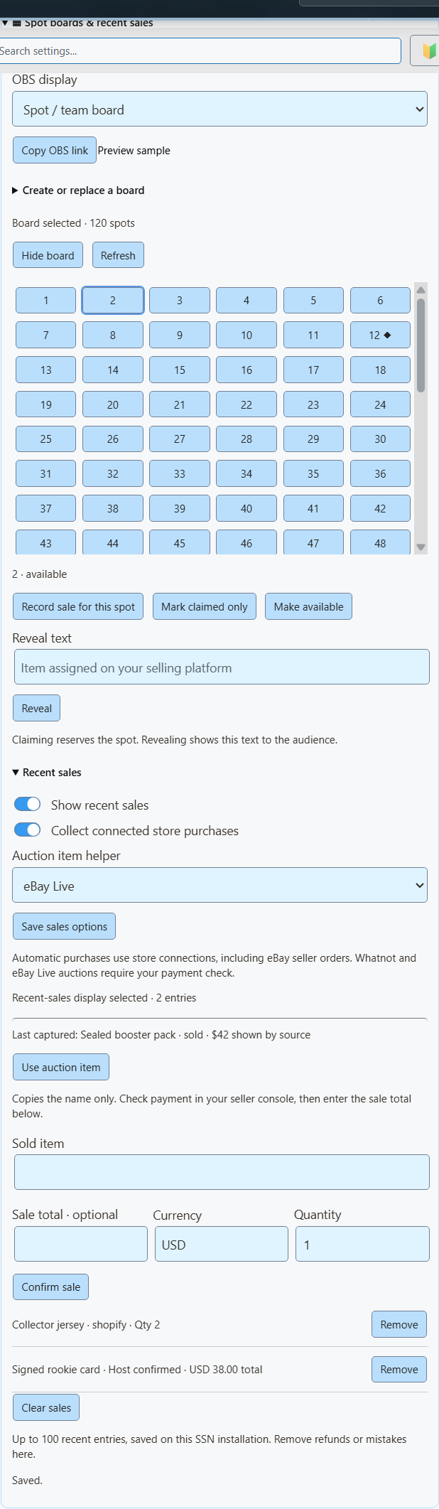 SSN popup with spot-board setup and tile controls