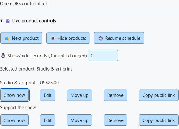 Saved products with Show, Next, Hide and Resume controls