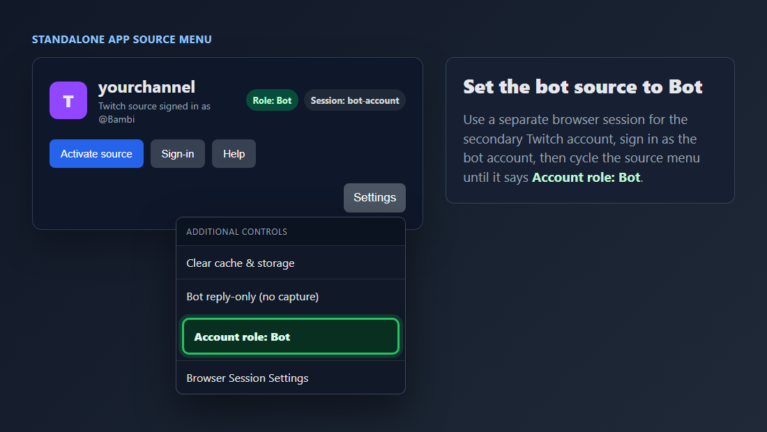 Standalone app Twitch source menu showing Account role set to Bot
